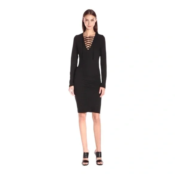 Pam & Gela Lace up Ruched Black Dress Long Sleeves - Picture 14 of 15